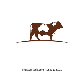 logo of a brown cow standing on curved horizon ground with australia map as negative space all over his skin