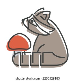 Logo. Brown raccoon with red mushroom. Line drawing. Raccoon sketch. Symbol, icon with a raccoon.