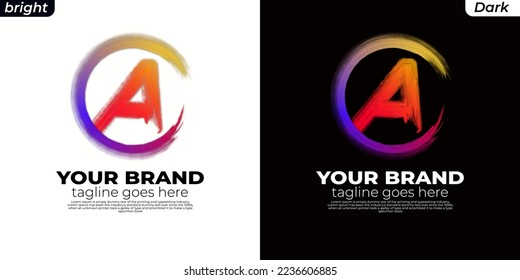 logo Brush initial A, CA, AC, AO, OA, circle A ,Round spiral. Wavy cycle. Circular pattern. Black frame on white background. Rotate ring. Circe line. colors orange, yelow, blue, pink