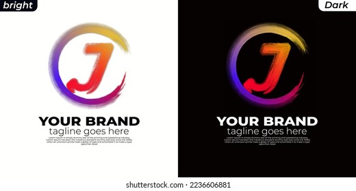 logo Brush initial J, CJ, JC, JO, OJ, circle J ,Round spiral. Wavy cycle. Circular pattern. Black frame on white background. Rotate ring. Circe line. colors orange, yelow, blue, pink