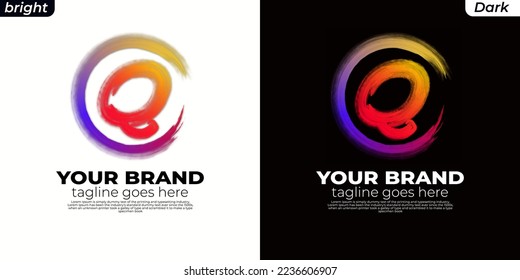 logo Brush initial Q, CQ, QC, OQ, QO, circle Q ,Round spiral. Wavy cycle. Circular pattern. Black frame on white background. Rotate ring. Circe line. colors orange, yelow, blue, pink