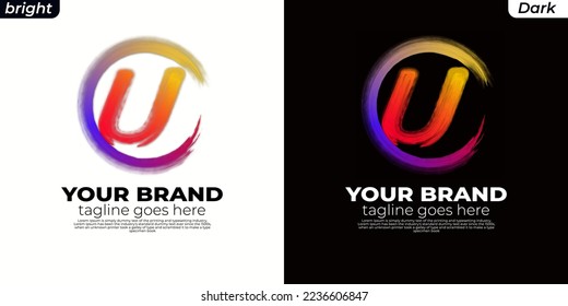 logo Brush initial U, CU, UC, OU, UO, circle U ,Round spiral. Wavy cycle. Circular pattern. Black frame on white background. Rotate ring. Circe line. colors orange, yelow, blue, pink