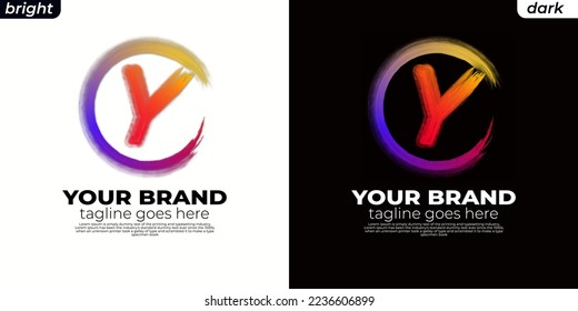 logo Brush initial Y, CY, YC, OY, YO, circle Y ,Round spiral. Wavy cycle. Circular pattern. Black frame on white background. Rotate ring. Circe line. colors orange, yelow, blue, pink