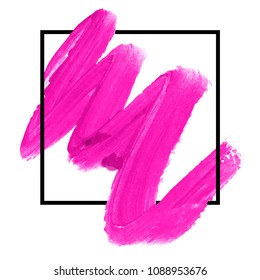 Logo brush paint texture design acrylic stroke poster illustration vector over square frame. Lipstick makeup brush background. Concept for beauty salon, cosmetics label, cosmetology procedure, visage.