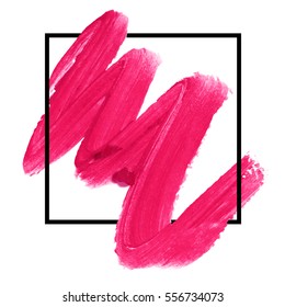 Logo brush paint texture design acrylic stroke poster illustration vector over square frame. Lipstick makeup brush background. Concept for beauty salon, cosmetics label, cosmetology procedure, visage.