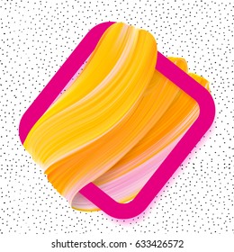 Logo brush painted Orange background. Abstract art sunny sale banner. Brush yellow stroke and pink border flyer vector design.