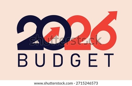 Logo budget 2026 text concept. Arrow growing upwards. Template concept, successful business strategy planning, income growth forecast. Design with blue and red color. 2026 budget banner design vector.