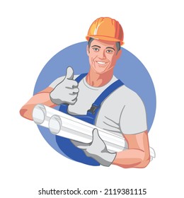 Logo, ein Bauer in einem harten Hut und spezielle Kleidung, lächeln, mit Projekten in seinen Händen. Werbeschau, Wohnungsrenovierung und der Beruf eines Bauunternehmers.