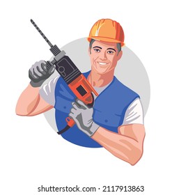 Logo, a builder in a helmet and special clothes, smiling, with a drill in his hands. Advertisement for house renovation and builder profession. svg