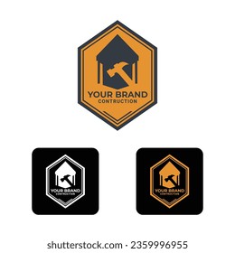logotipo para construcción de edificios con martillo de espacio negativo en el icono de la casa