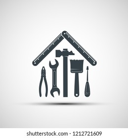 Logo building hand tools like a house. Repair icon. Stock vector illustration.
