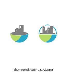 logo of buildings on top of half of the globe