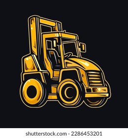 ein Logo des Bulldozer in gelber Farbe, das in fettgedrucktem Stil, weißem Hintergrund 