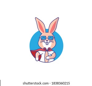 The logo of a bunny-doctor. Cartoonish rabbit is a super hero in the blue circle. Good for t-shirts, cloth designs, stickers, etc. This emblem is a vector illustration