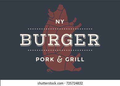 Logo of Burger bar with grill symbols, fork, text Burger, Pork, Grill. Brand graphic template for meat business - restaurant, bar, cafe, food court, design - menu, poster, label. Vector Illustration