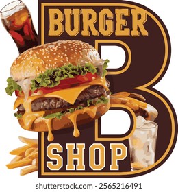 A logo for a burger shop with a large "B" in the middle. The logo has a vintage feel with the text "Burger Shop" written in bold, yellow letters above the burger.