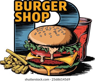 A logo for a burger shop with a large "B" in the middle. The logo has a vintage feel with the text "Burger Shop" written in bold