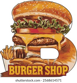 A logo for a burger shop with a large "B" in the middle. The logo has a vintage feel with the text "Burger Shop" written in bold