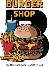 A logo for a burger shop with a large "B" in the middle. The logo has a vintage feel with the text "Burger Shop" written in bold