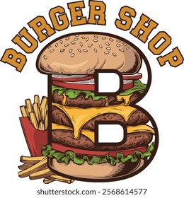 A logo for a burger shop with a large "B" in the middle. The logo has a vintage feel with the text "Burger Shop" written in bold