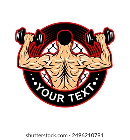 logo of burly man lifting dumbbells rear view vector illustration muscular man fitness