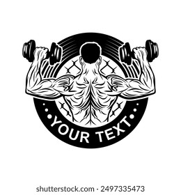 logo of a burly man lifting dumbbells black and white rear view vector line art