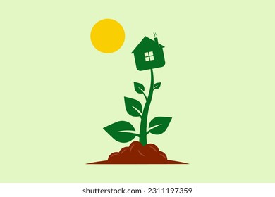 logo business ,A Plant and House with sun Growing Real estate residental logo design vector , suistable for business house and garden