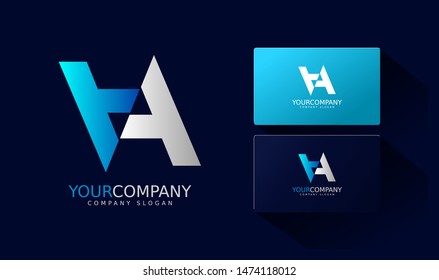 A A Logo and business card. AA Letter modern Design Vector with blue and silver gradient color.