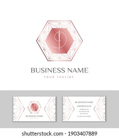 The logo and business card for Atelier, fashion designer or studio sewing and tailoring. Rose gold polygon with thread and needle