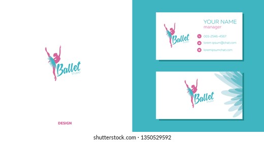 Logo and business card ballet on a white background in pink and blue. Silhouette of a girl dancer for the dance studio. Trendy flat style for studio, posters, banners, signs, mobile applications. 