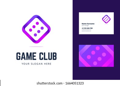 Plantilla de logotipo y tarjeta de visita con signo de dados. Ilustración vectorial para un club de juego, casino, club de póquer y otros.