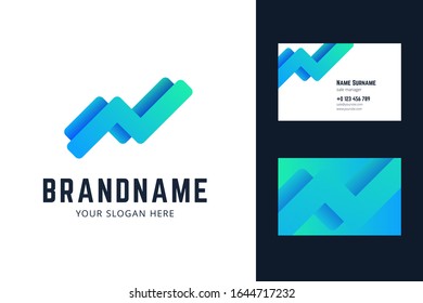 Logo and business card template with growing trend, chart lines. Vector illustration for business and finace.