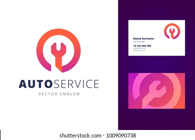 Logo and business card template, layout for auto service, repair service, system administrator, car service. Wrench orange sign, origami, overlapping style. Vector illustration.
