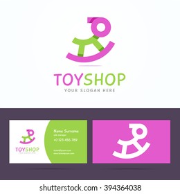 Logo and business card template for toy shop. Origami line style with overlapping effect. Vector illustration in flat style.