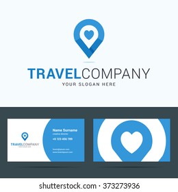 Logo And Business Card Template For Travel Company. Map Pointer Sign With Heart Shape. Travel Agency Logotype. Vector Illustration In Flat Style.