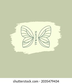 Logo for business in
the field of beauty, health, personal hygiene, make-up artist. Natural and organic cosmetics. Linear floral logo with butterfly wings. Elegant and light picture in pastel colors