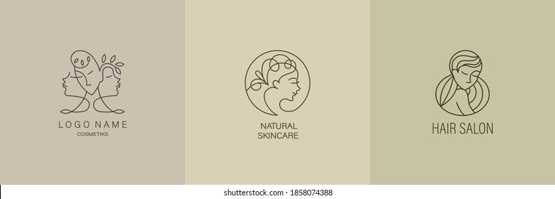 Logo for business in the industry of beauty, spa, health, personal hygiene. Beautiful image of face. Linear stylized image. Logo of a beauty salon, tattoo, health industry, makeup artist.