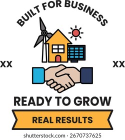A logo for a business that is built for business. The logo features a handshake between two people, with a house and a windmill in the background. The logo is white and black