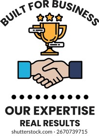 Un logotipo para un negocio que está construido para los negocios. El logotipo presenta dos manos temblando y un trofeo