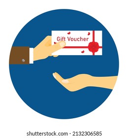 Logo of Businessman's hand holding gift voucher giving to customer's hand vector.