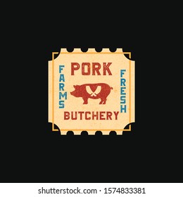 Logo of Butcher meat shop with Cleaver and Chefs knives, text Butcher Farmer's Market, Fresh Pork Meat. Logo template for meat business - shop, market, restaurant or graphic design. Vector 