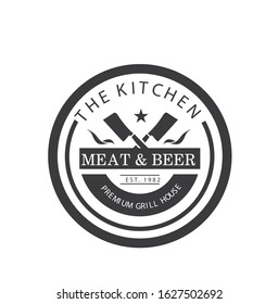 Logo of Butcher meat shop with Cleaver and Chefs knives, text Butcher Farmer's Market, Fresh Meat. Logo template for meat business - shop, market, restaurant or graphic design. Vector Illustration
