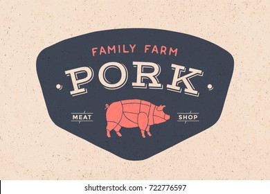 Logo of Butcher meat shop with icon pig, text Pork Meat Shop. Logo graphic template for meat business - shop, market, restaurant or design - menu, poster, banner, sticker, label. Vector Illustration