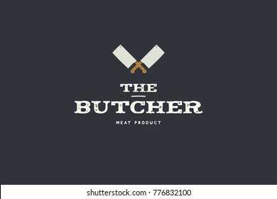 Logo of butcher with picture of two kitchen hatchet. Design elements  for  meat stores, packaging and advertising. Vector Illustration.