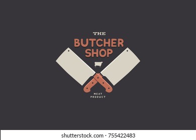 Logo butcher shop with picture of two kitchen hatchet. Design elements for meat stores, packaging and advertising. Vector Illustration.