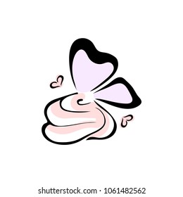 Logo butterfly on cream. Logo for the confectionery, cafe, bakery, pastry shop. Butterfly, cream, hearts contour. Hand drawing. Vector illustration on a white background.