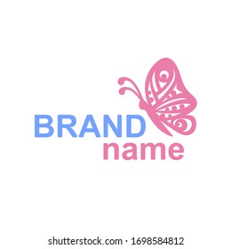 Logo with a butterfly profile sits on the text (brand name). Modern sign, logotype template for women's clothing store, cosmetics, gifts shop, perfumes, jewelry, beauty salon, hairdresser, kids club.