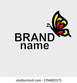Logo with a butterfly profile sits on the text (brand name). Insect with a dark outline, red and yellow wings on a gray background. Sign or logotype template for clothing store, pet shop, kids club.