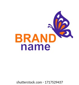 Logo with a butterfly sitting in profile (sideways) on the text - brand name. Violet and orange colors. Simple vector icon or sign for business, corporate identity, spa and beauty salon, flower shop.