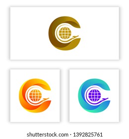 The logo C letter template with silhouettes of planes and globe for your company and business.